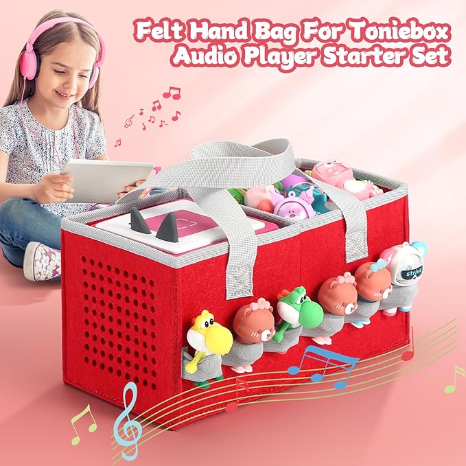 Carrying case for Toniebox Audio Player and Figurines Starter Set,Felt Organizer Bag,Travel for toniebox 2 Earphone and charger accessories portable bag (Red)