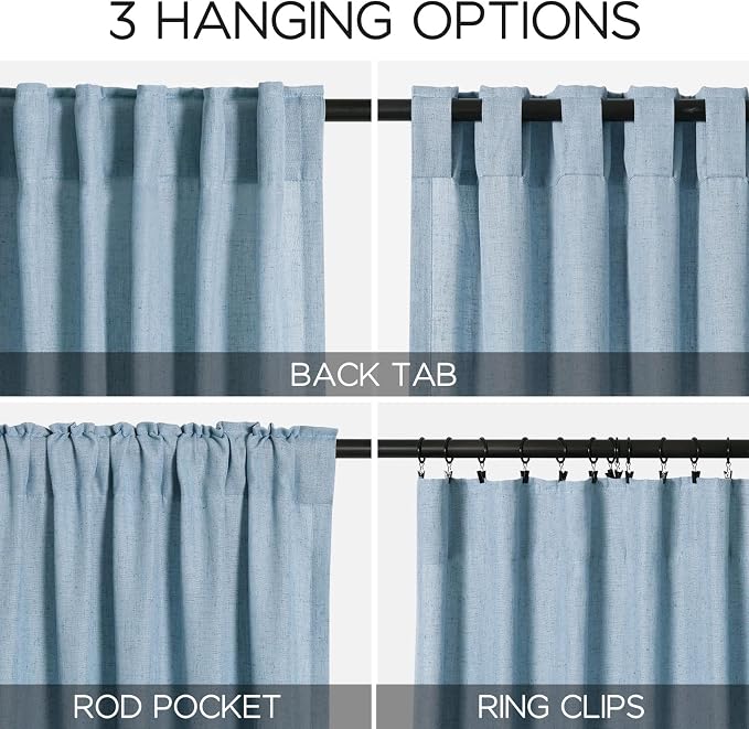 2 Panels Set Blue Linen Curtains 126 Inches Long for Living Room Extra Long Back Tab Curtain Neutral Farmhouse Light Filtering Semi Sheer Linen Drapes Ceiling to Floor for Large Window 52x126