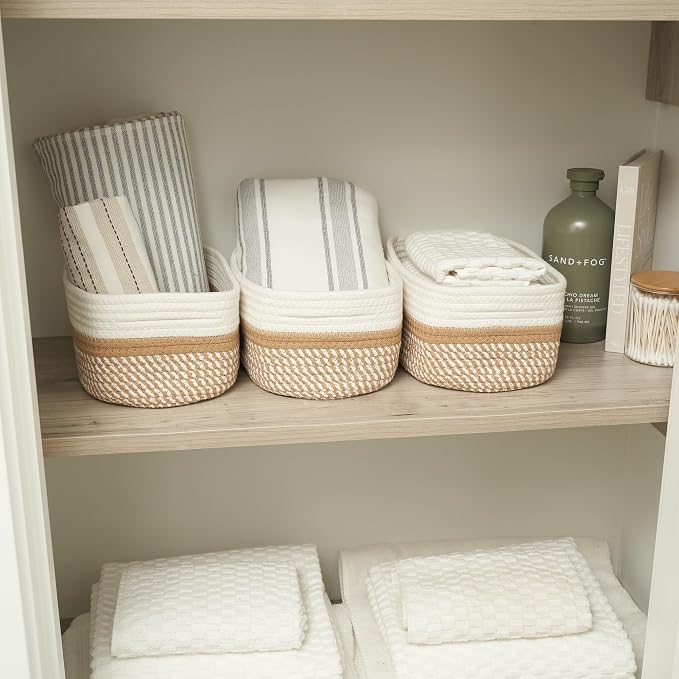 Beautiful Storage Basket Set of 3 - Sturdy Rope Baskets for Shelves | Perfect for Organizing Your Home - Quality Storage Bins Easily Fit with Any Nursery or Bedroom Decor
