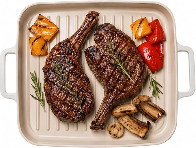 FIKA 11-Inch Ceramic Caoted BBQ Grill Pan with Handle, Nonstick Griddle Pan for Steak, Chicken, Fish & Vegetables, Induction Compatible, Oven & Dishwasher Safe, Made in Korea