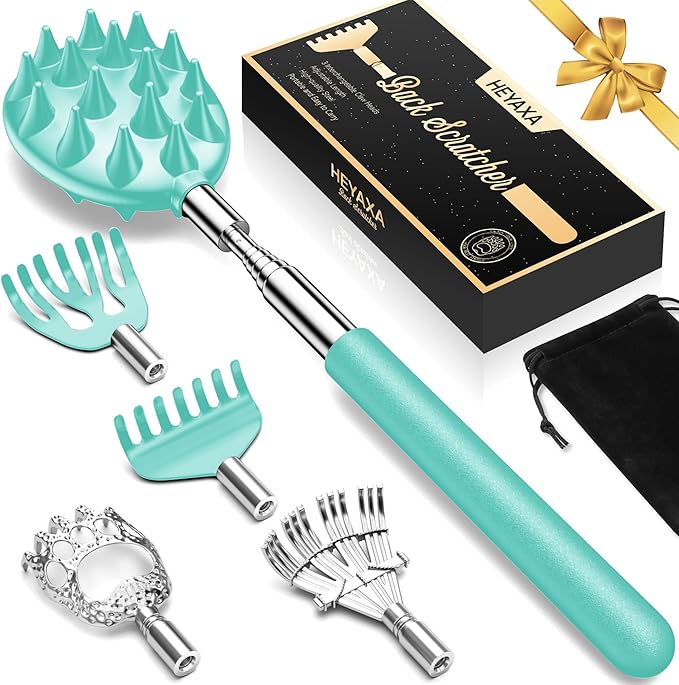 HEYAXA Telescoping Back Scratcher with 5 Detachable Heads,Dad Gifts for Men and Women, Practical Gifts for Father, Dad, Adults with Gift Box, Green
