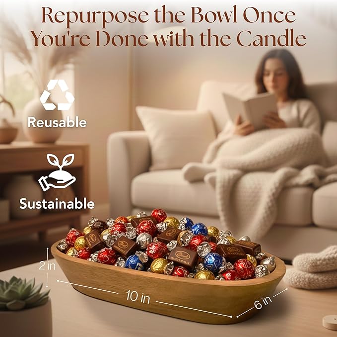 Dough Bowl Candle Co. Sea Salt and Orchid Soy Candle - 3 Wick Rustic Farmhouse Coffee Table Decor, Odor Eliminator in Wooden Bowls, 20 Oz Wooden Dough Bowl Candle, All-Natural Gifts for Women and Men