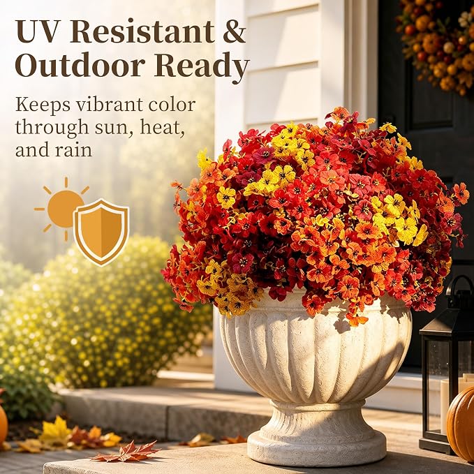 ColoPlay 20 PCS Artificial Mums for Outdoors Faux Flowers Eucalyptus Leaves | Artificial Mums for Outdoors/Indoors Fake Plants Eucalyptus Leaves, Fall Flowers for Decor Planters Boxwood Garden Porch Home