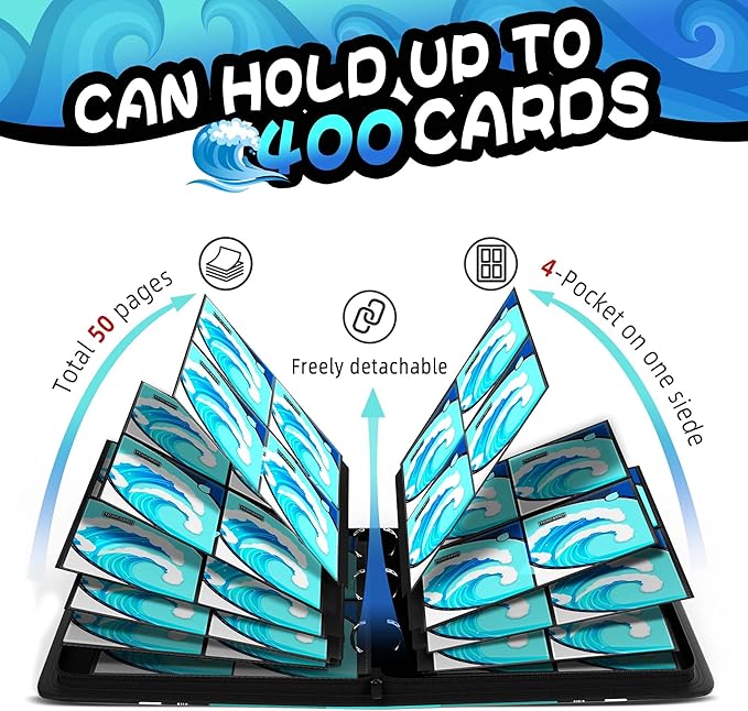 Trading Card Binder 4 Pocket,400 Pocket Card Collection Binder with 50 Removable Sleeves,PU Waterproof Top Card Book,3-Ring Zipper Collectible Trading Card Album for MTG/TCG/Card Holder Gift（Water）