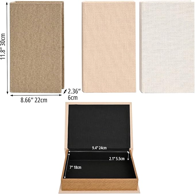DECOR4SEASON Modern Linen and Wood Decorative Faux Book Boxes Set of 3, 12",Taupe,Beige,Off White