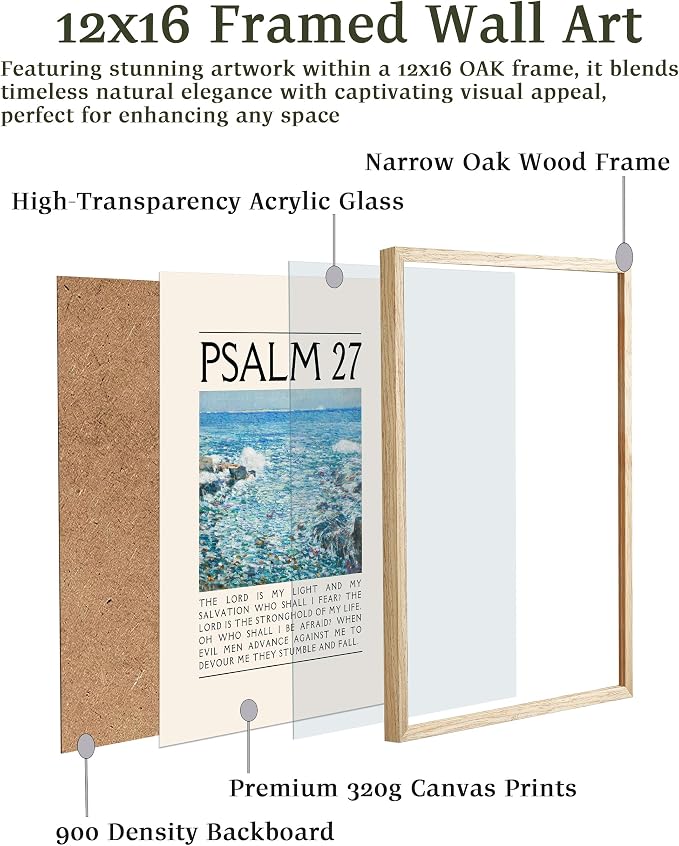 EcoHest 12x16 in Psalm 27 Ocean Framed Bible Verse Christian Wall Art | Natural Oak Wood Frame with Canvas Wall Art, Coastal Scripture Wall Decor for Bedroom, Living Room, Office, Church, 1Pack