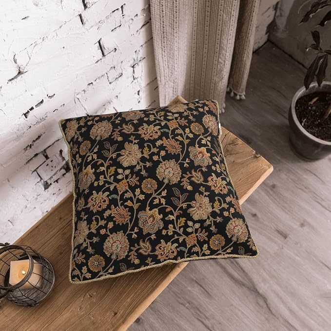 Vintage Tapestry Velvet Pillow Covers 16x16 In Black Brown Bohemian Boho Carpet Throw Pillows for Couch Soft Cushion Covers Pillowcase Rustic Retro Rug Pillow Cases for Sofa Bed Living Room Outdoor
