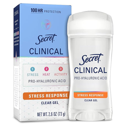Secret Clinical Strength 100HR Sweat & Odor, Stress Response Clear Gel Antiperspirant Deodorant for Women, 3X Stress Protection with Pro-Hyaluronic Acid, PH Balancing Minerals, 2.6 oz