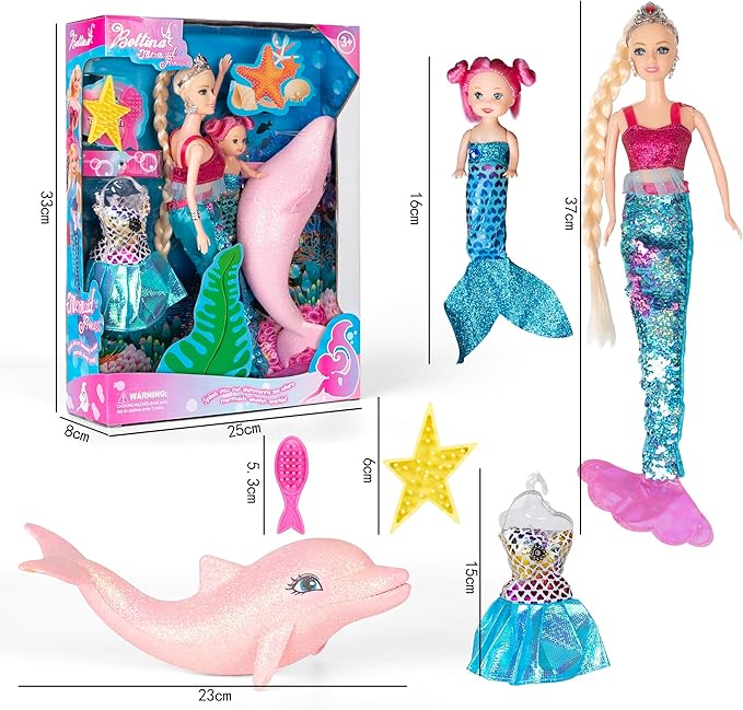 Mermaid Princess Doll with Little Mermaid and Pink Dolphin Playset, Blonde Hair Mermaid Toys with Accessories, Gift for 3 to 7 Year Old Girls