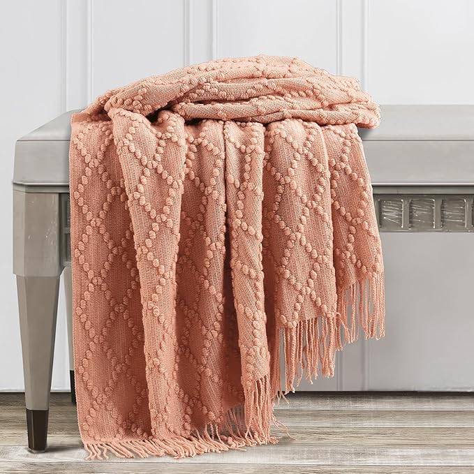 BOURINA Orange Throw Blanket 50 x70 Inch Jacquard Throw Knitted Blanket | Jacquard Argyle Throw Textured Solid Soft Throws and Blankets for Sofa or Bed Knitted Decorative Blanket