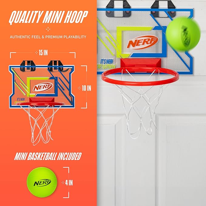 NERFOOP Elite Basketball Hoop Set - Over the Door Mini Hoop Set with NERF Foam Basketball - Perfect Bedroom + Office Accessory - Includes Foam Ball