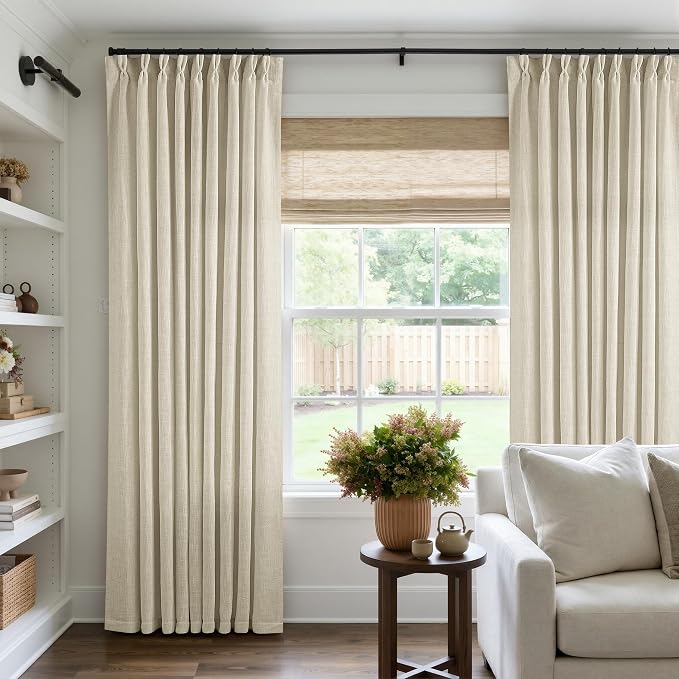 TWODRAPES 60 Inch Width 102 Inches Long Linen Pinch Pleat Curtains 1 Panel | Light Filtering Semi Sheer Privacy, 400GSM Fabric Memory Shape, Pinch Pleated, for Sliding Door Living Room Bedroom, W60xL102