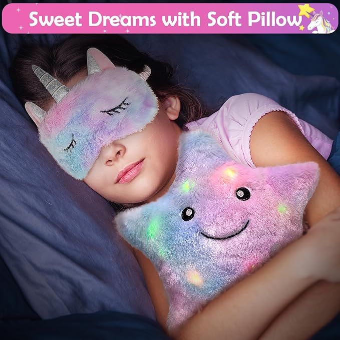Unicorn Gifts for Girls Age 6 7 8 9 10+ Years Old, Birthday for Girls Surprise Box with Light Up Plush Star Pillow, Diary, Headband, Eye Mask, Water Bottle, Soft Plush Toys for Teens Christmas