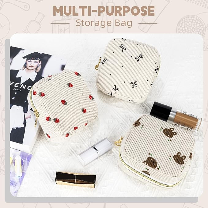 Cute Period Bag for Teen Girls, Corduroy Sanitary Napkin Storage Bag, Menstrual Pad Pouch Tampon Holder for Purse (Strawberry)