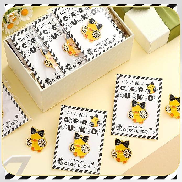 Quelay 24 Pack Cheer Team Gifts Bulk Cheerleader Duck Pins Brooches You've Been Cheer Ducked Tags Team Inspirational Gift Accessories for Teammates