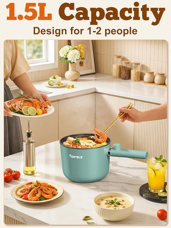Topwit 1.5L Hot Pot Electric, Portable Ramen Cooker, Non-Stick Frying Pan | BPA-free, Glass Lid, Overheat & Boil-dry Protection, Electric Pot for Pasta, Steak, College Dorm Office Travel Essentials