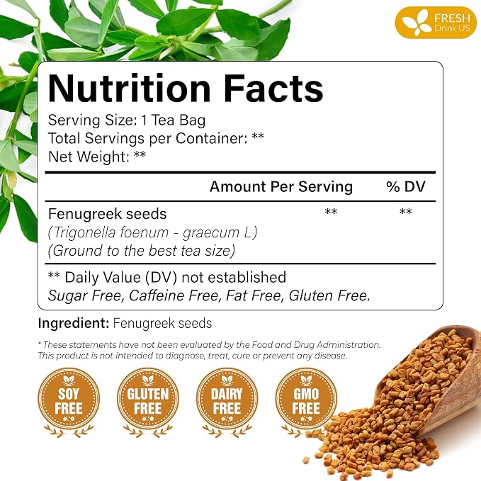 FreshDrinkUS, Premium 15 Tea Bags Fenugreek, 100% Natural & Pure from Fenugreek. Fenugreek Herbal Tea. Made with Natural Material Tea Bags. No Sugar, No Caffeine, No Gluten, Vegan.