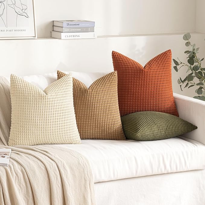 MIULEE Farmhouse Decorative Pillow Covers 20x20 Inch Set of 4 Brown Green | Modern Natural Rustic Throw Pillows, Neutral Warm Soft Corduroy Couch Pillowcases, Home Decor for Sofa Living Room Bed