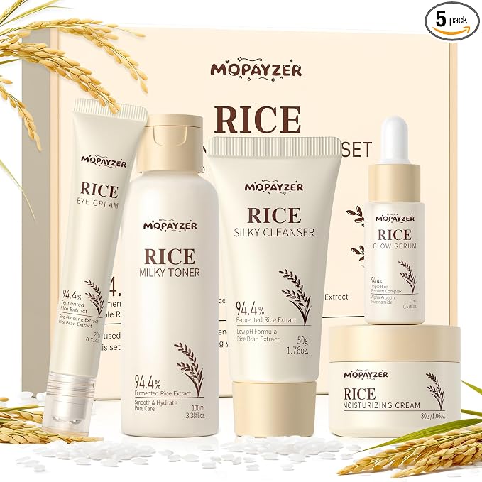 5PCS Rice Skincare Set, Korean Skin Care Set for Women Teens Girls, Rice Cleanser Toner Serum Face Cream Eye Cream, Hydrating Moisturizing Skin Care Set for Daily Face Care Routine