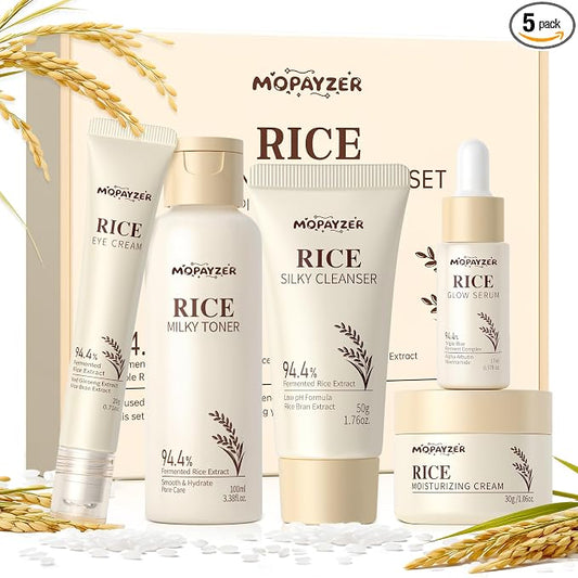 5PCS Rice Skincare Set, Korean Skin Care Set for Women Teens Girls, Rice Cleanser Toner Serum Face Cream Eye Cream, Hydrating Moisturizing Skin Care Set for Daily Face Care Routine