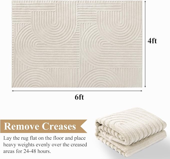 Pauwer 4x6 Area Rugs for Living Room, Modern Non Slip Washable Rug, Beige | Arch Pattern, Soft Fluffy, Neutral, Boho Accent, Solid Color Floor Carpet, For Kids Room Dining Room Nursery Entryway
