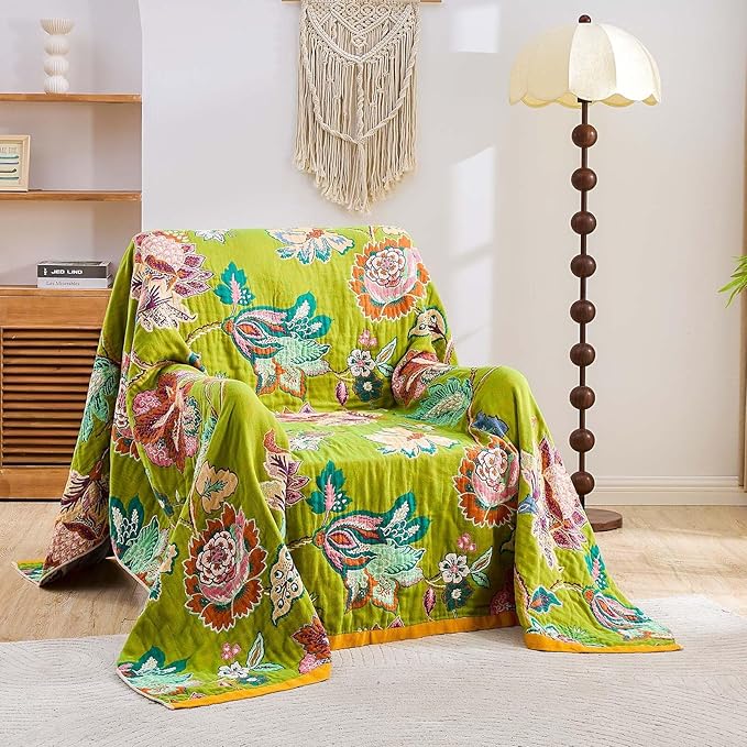 XIBLC Fall Throw Blanket, 100% Cotton Soft Rustic Boho Throw Blanket for Bed, 50"x60" Farmhouse Decor Bed Flower Blankets, Light Weight Reversible Bohemian Throw Quilt