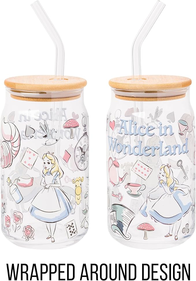 Silver Buffalo Disney Alice in Wonderland Glass Jar Tumbler with Bamboo Lid and Glass Straw, 16 Ounces