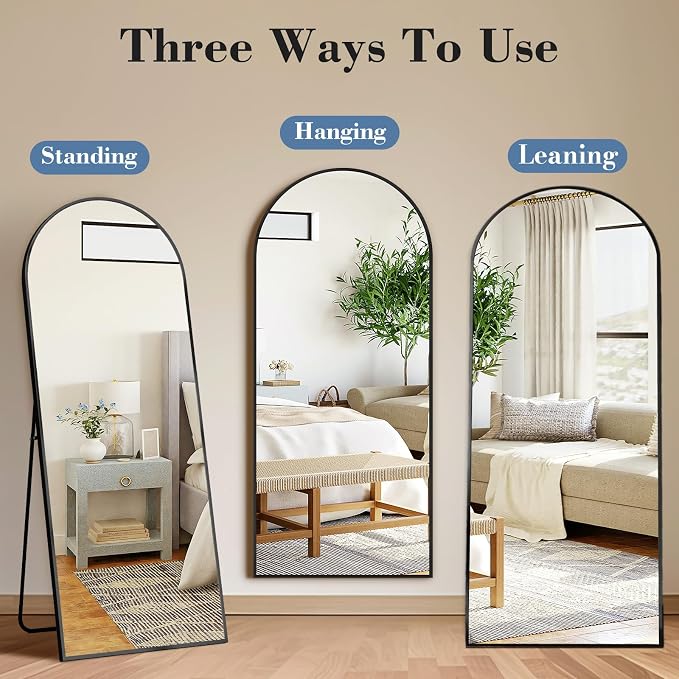 DUMOS 59"x16" Arched Full Length Mirror with Stand, Floor Standing Aluminum Frame, Shatter-Proof Nano Glass for Bedroom, Living Room, Cloakroom – Modern Simple Home Decor,Hanging or Leaning,Black