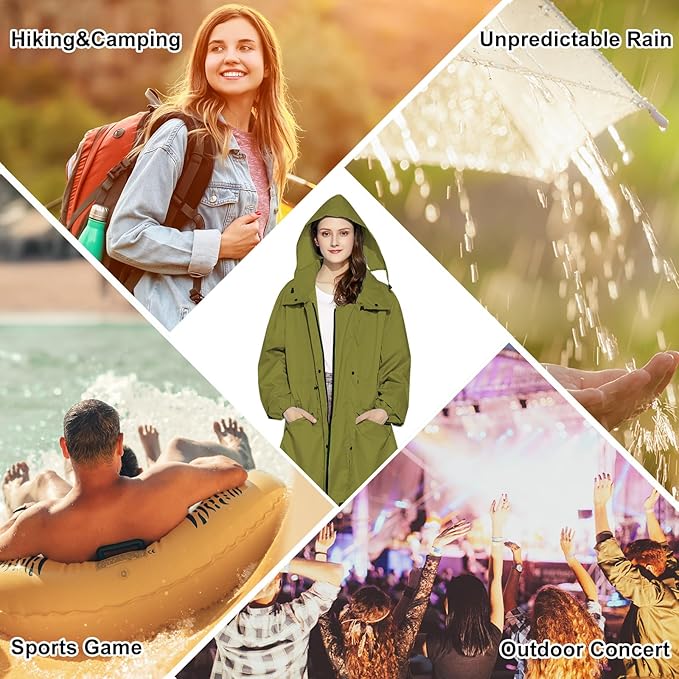 LAMA Womens Long Raincoats Rain Jacket Waterproof Packable Hooded Windbreaker Lightweight Adjustable Waist for Outdoor