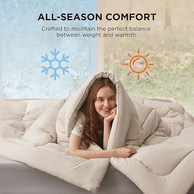 Bedsure Comforter Duvet Insert - Quilted Comforters Queen Size, All Season Duvet, GentleSoft Down Alternative Bedding, with 8 Tabs, Gifts for Women/Men, Linen, Queen 88 x 88 Inches