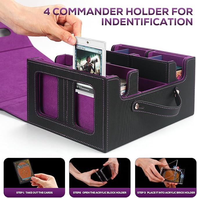 Trading Card Storage Box for MTG, MTG commander deck box，Multi-purpose Deck Case for MTG TCG Sports Card, 4 Toploaders, 4 Stoppers, 4 Colorful Dividers (Black & Purple)