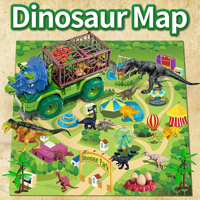 Dinosaur Toys for Kids 3-5, Dinosaur Transport Truck Car Set with 8 Dinosaur Figures & Play Mat, Gift for 2 3 4 5 6 7 Year Old Toddler Boys
