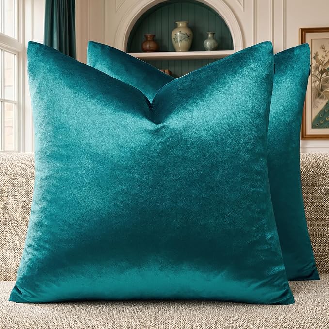 GIGIZAZA Teal Velvet Pillow Covers 24x24 Decorative Pillows Pack of 2 | Blue Throw Pillows for Couch Sofa,280gsm Soft Textured Fabric,Modern Square Pillowcases,Luxury Cushion Covers