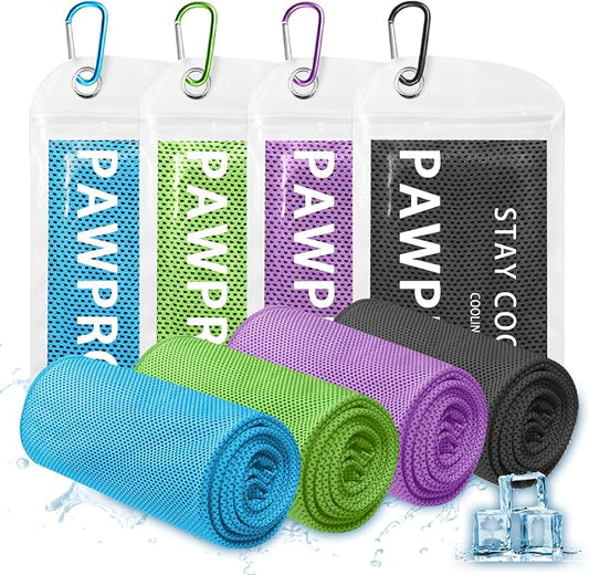 PAWPRO 4 Packs Cooling Towels(40"x12"), Soft Breathable Cooling Towels for Neck and Face with Waterproof Bag & Carabiner,Microfiber Cooling Towel for Yoga, Sport,Gym,Camping (Multicolor-3)