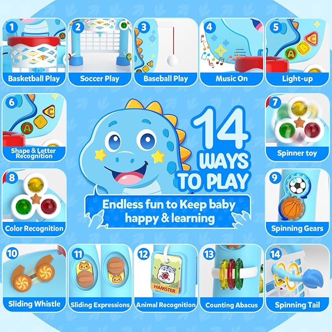 Toys for 1 Year Old Boy - Toddler Basketball Hoop & Soccer Goal & Baseball Activity Center with Light Sound Music, Dinosaur Montessori Sports Toy, Christmas Birthday Gift for Baby 12-18 Months, Blue