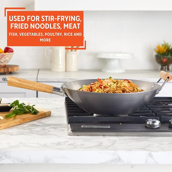 IMUSA 14 Inch Carbon Steel Wok with Wood Handles for Noodles | Natural Nonstick Surface, Cool Touch and Helper Handles, Lightweight Flat Base, Ideal for Stir-Frying and Asian Dishes