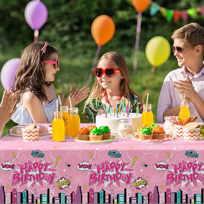 3Pcs Spider Birthday Party Tablecloths, Disposable Plastic Cartoon Spider Tablecloth Pink Hero Table Cover for Rectangle Table Girl’s Birthday Party Supplies, 54x108 inches