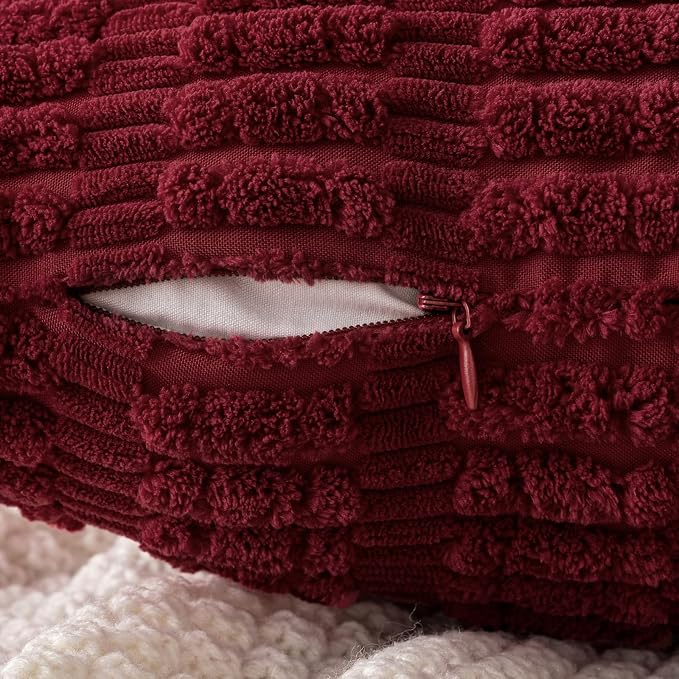 MIULEE Euro Sham Corduroy Decorative Throw Pillow Covers 22x22 Burgundy | Pack of 2 Soft Boho Striped Pillow Covers Modern Farmhouse Home Decor For Sofa Living Room Couch Bed