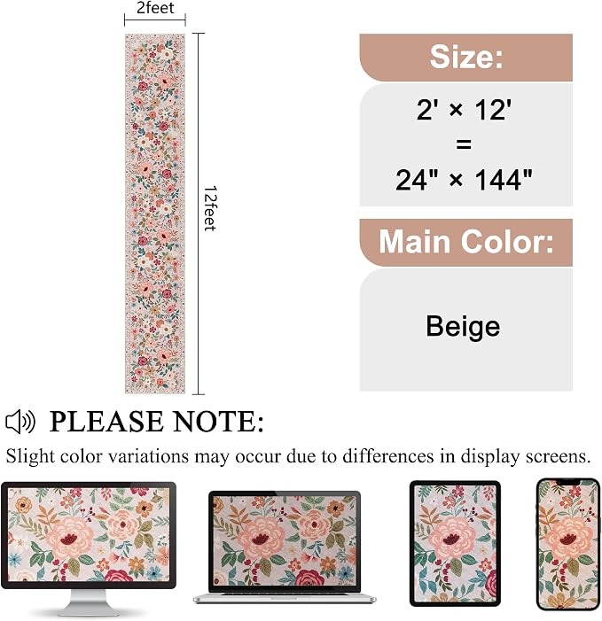 DUKINO 2x12 Washable Runner Rug, Non Slip Long Kitchen Runner Rug, Beige | Floral, Low Pile, Soft Indoor Rug Runner for Hallway, Entryway, Bedroom, Bathroom, Laundry, Pet Friendly, Modern Home Decor