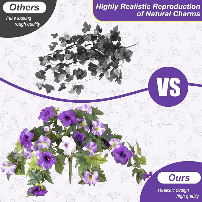 Ammyoo Artificial Hanging Fake Flowers with Basket Plants for Outdoor Decoration, Faux Silk Flower UV Resistant Morning Glory for Home Porch Patio Garden Balcony Yard Look Real (Purple White)