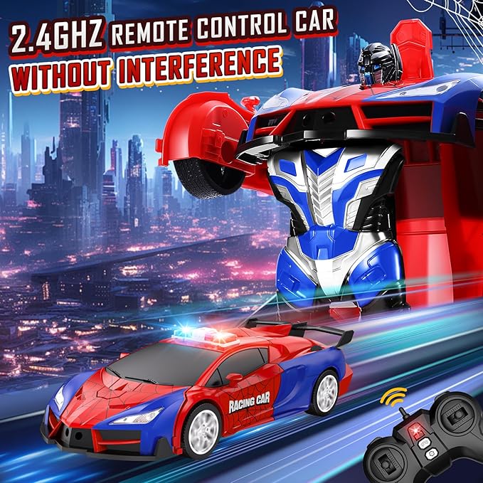 Remote Control Car for Boys 8-12 4-7, 2.4GHz RC Car 1:18 Scale, One-Button Transforming Toy with 360° Spins, LED Lights
