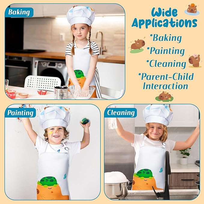 R HORSE Kid Apron and Chef Hat Set - 2Pcs Capybara Adjustable Children Kitchen Apron Dress up Role Play Chef Toy Kid Cooking Gift Birthday for Kids Cooking Baking Painting and Training