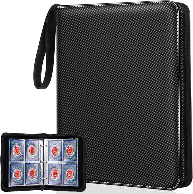 Jravkfi Card Binder 4 Pocket with 50 Removable Sleeves-Can Hold 400 Cards,3-Ring Zipper Sports Book is Gifts for Boys and Girls（Black）
