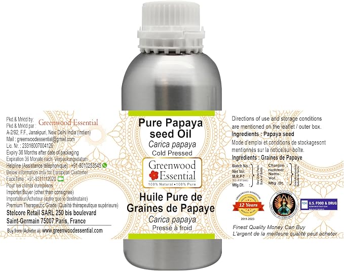 Greenwood Essential Pure Papaya Seed Oil (Carica Papaya) Cold Pressed 300ml (10 oz)
