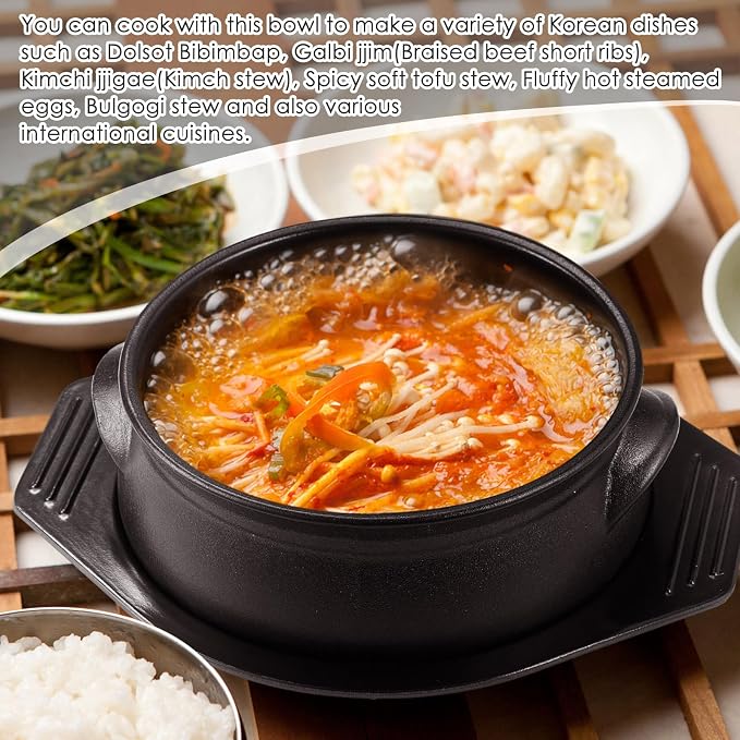 1 Pcs Korean Stone Pot Clay Cooking Pot Set Ceramic Sizzling Hot Bowl Korean Bibimbap Soup Dolsot Bowl with Lids for Ttukbaegi and Koreans Stew (84 oz)