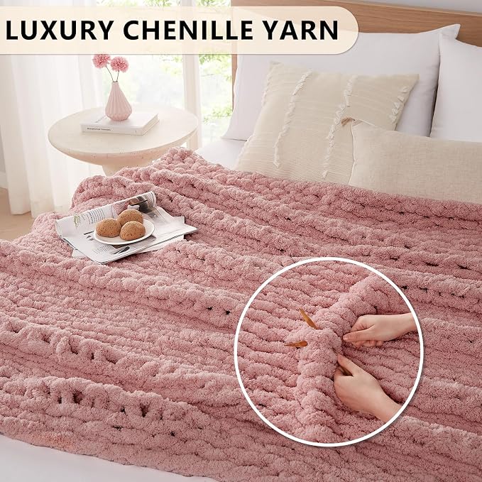 L'AGRATY Chunky Knit Throw Blanket for Couch, 80 x 90 Inches, Rose Pink | Handmade Chenille Crochet Blanket for Sofa Bed, Thick Cable Knitted Blankets for Room Home Decor, Birthday Gift for Women Mom