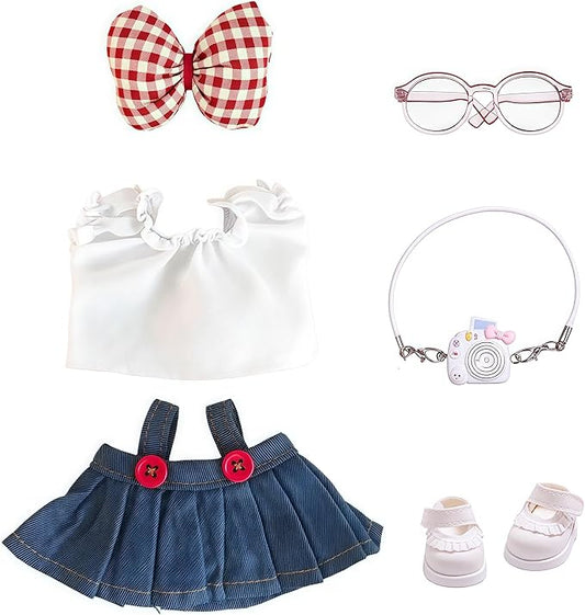 Clothes Dress for Dolls, 17cm La Booboo Doll Designer Clothes Dress Outfit Accessories with Denim Suspender Skirt, White Camera, Glasses, Shoes and Bow Hair Decor, NZ003