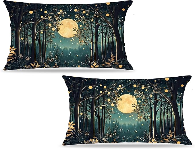 Rustic William Morris Inspired Night Moon Forest Decor Pillow Covers 20x12 Set of 2,Vintage Black and Gold Nature Landscape Botanical Decorative Throw Pillow Covers for Home Bedroom Living Room