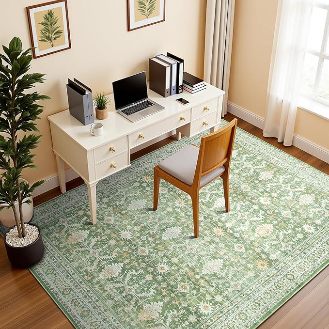 5x7 Area Rugs for Living Room, Washable Non-Slip Carpet, Light Green | Soft Rug for Bedroom, Dining Room, Home Office, Indoor, Nursery, Stain Resistant, Low Pile,Vintage Distressed Rug