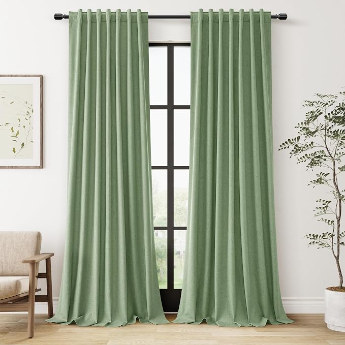 Guken Light Sage 100% Blackout Linen Curtains 108 Inch Length 2 Panels Set for Living Room Bedroom Back Tab/Rod Pocket Thermal Insulated Black Out Drapes Room Darkening Window Curtains